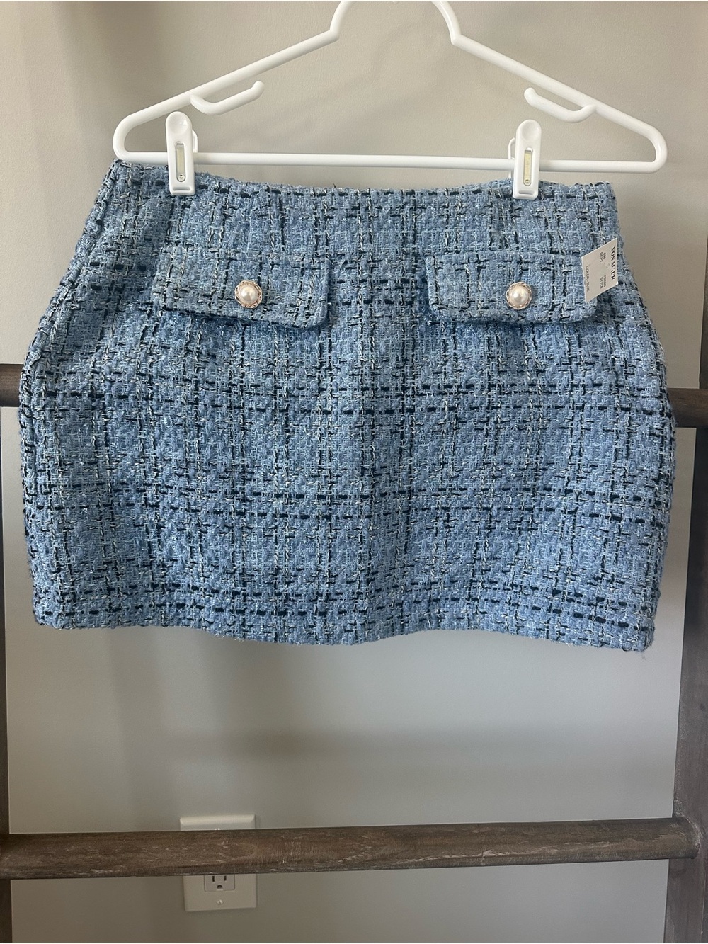 Love Tree Powder Blue Tweed Mini Skirt with Pearl-Flap Pockets